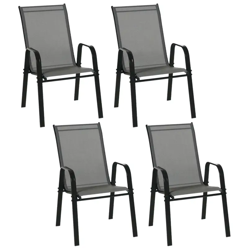 Ofertă limitată Outsunny Set de 4 Scaune de Grădină Stivuibile, Scaune de Exterior cu Cotiere din Metal și Țesătură Respirabilă, 54x75.5x95 cm, Gri