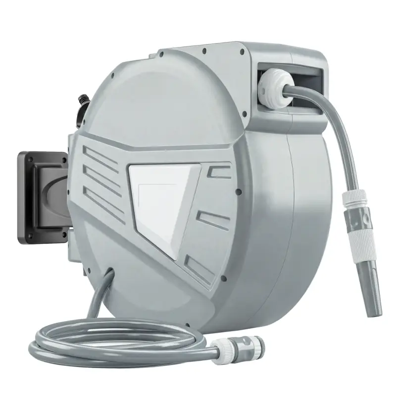 Plată securizată Outsunny Suport Furtun pentru Perete 30+2 m x Ø 15mm, Tambur Retractabil Automat Pivotant la 180°, Gri