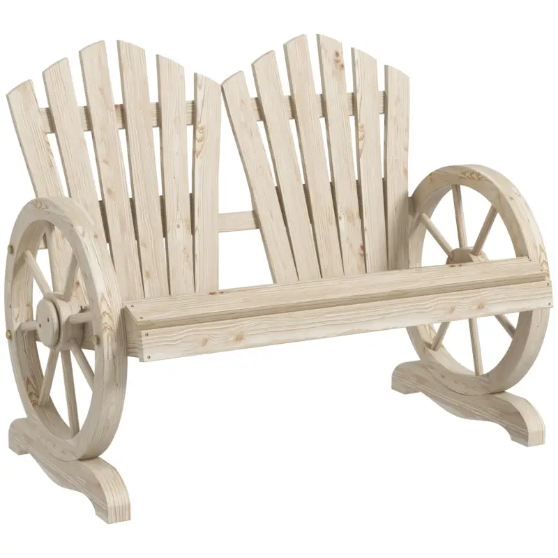 Promoție Outsunny Bancă de Grădină cu 2 Locuri, Cotiere în Formă de Roată, Bancă de Exterior din Lemn de Brad, pentru Terasă, Patio și Curte, 108x66x95 cm, Culoare Lemn