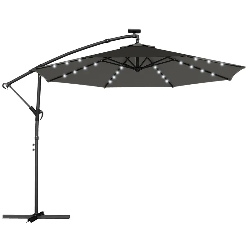 Outsunny Umbrelă cu braț lateral LED solar aprox. Ø300 cm, rotativă, cu manivelă, suport și husă, Gri închis Reducere de preț