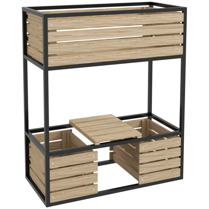 Outsunny Casetă de plantare, scară pentru flori, jardinieră înaltă, rezistentă la intemperii, 3 ghivece, 83 cm x 39 cm x 100 cm, natur + negru Bestseller