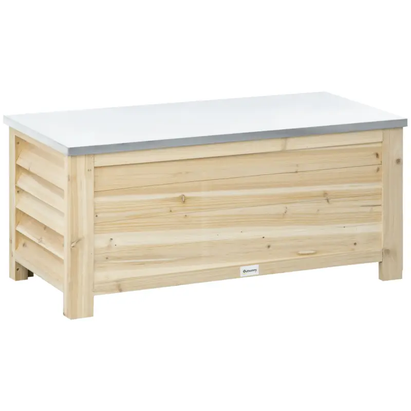Outsunny Ladă de Exterior de 155L din Lemn cu Capac din Metal și 2 Amortizoare, 110x50x50 cm, culoare Lemn Reducere de preț