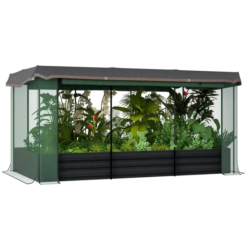 Outsunny Pat înalt cu plasă de protecție pentru păsări și protecție solară, carcasă metalică, 230x110x110 cm, Gri/Verde/Negru Livrare gratuită