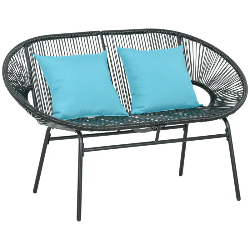 Ofertă exclusivă Outsunny Bancă de grădină cu 2 locuri din metal și frânghie din rășină cu 2 perne - dim. 132L x 72l x 83h cm - negru