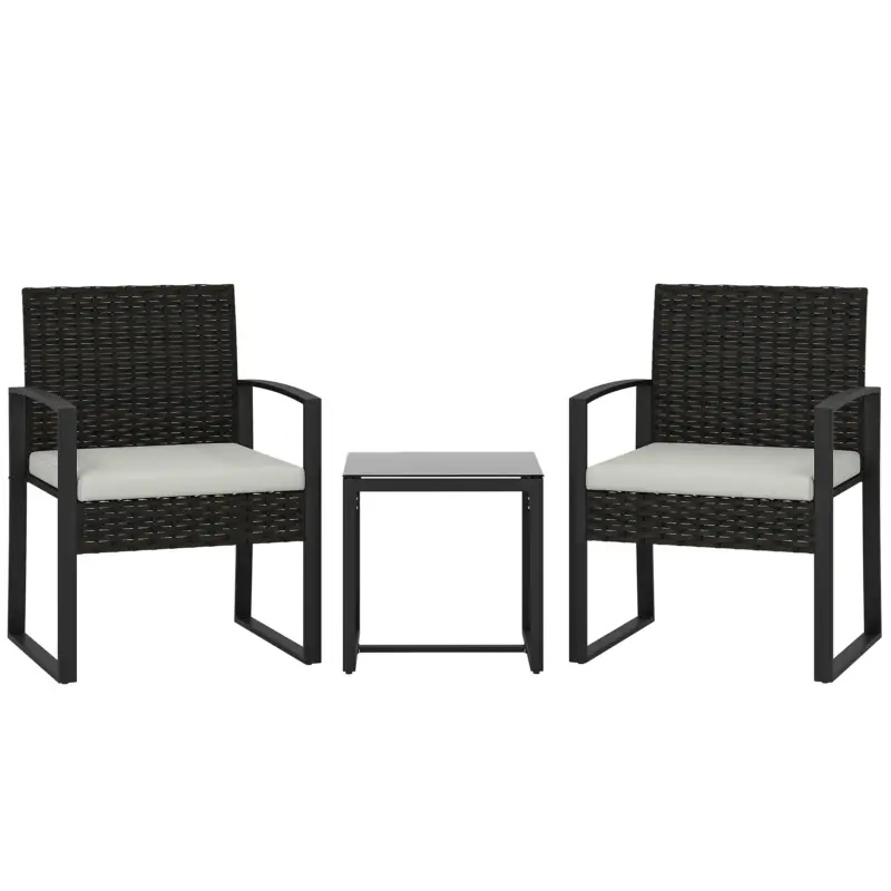 Outsunny Set de Mobilier de Grădină din Ratan Sintetic cu 2 Scaune cu Perne Detașabile și Masă cu Blat din Sticlă, Crem Preț promoțional