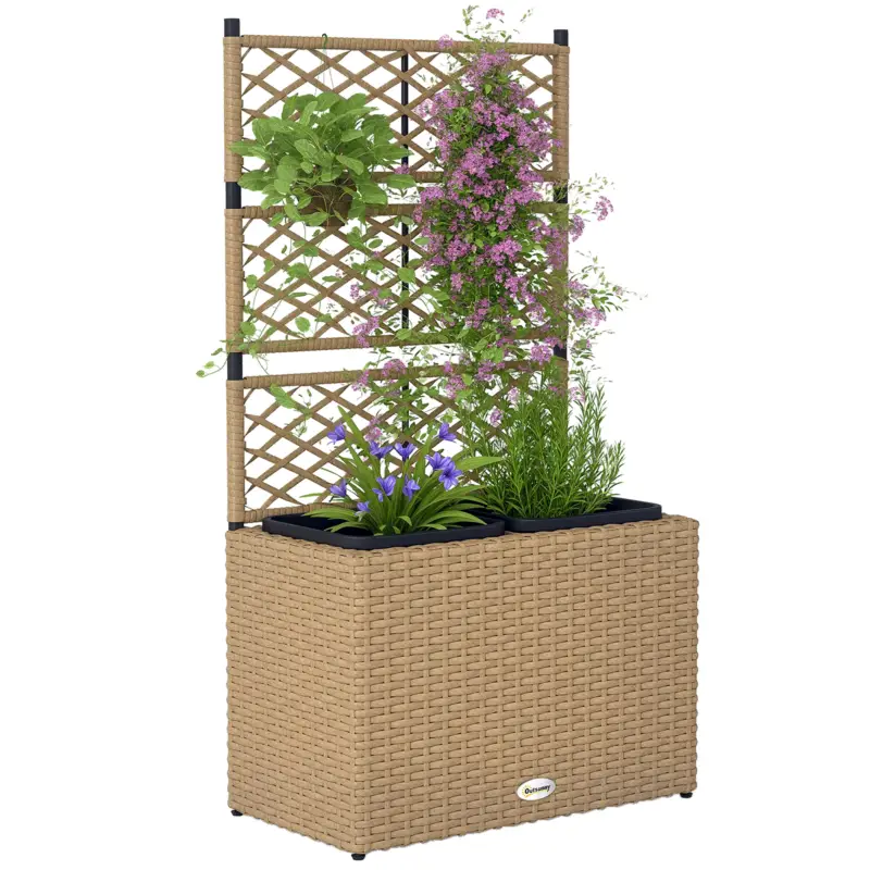 Preț mic Outsunny Jardiniieră pentru plante cu trei băci în rășină împletită și oțel 57 x 30 x 107 cm nisip