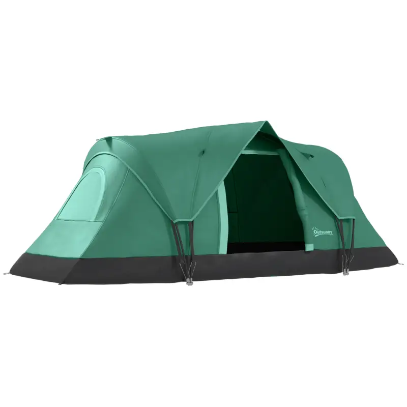 Outsunny Cort de Camping pentru 6 Persoane, Impermeabil, cu Protecție UV, Bețe din fibră de sticlă, 4,55x2,3x1,8 m, Verde Ofertă limitată
