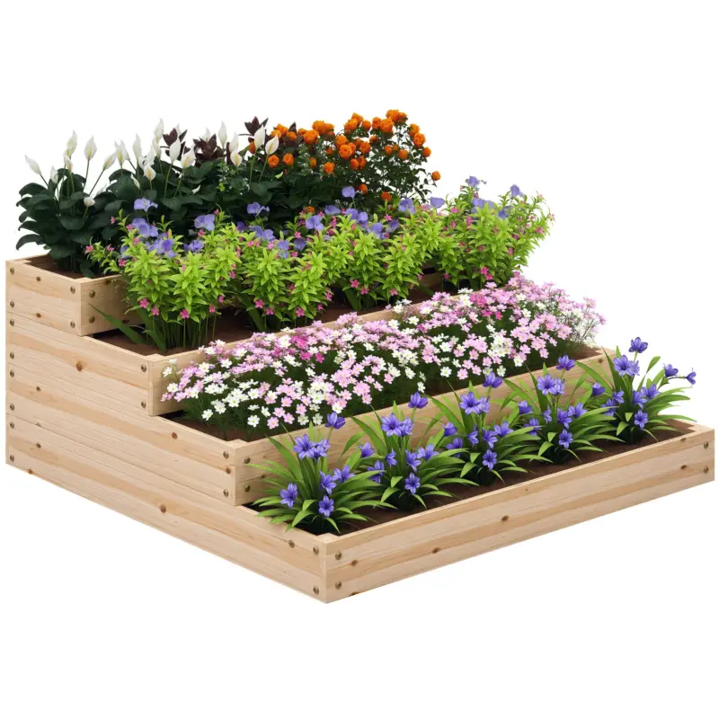 Cel mai vândut Outsunny Cadrul de grădină patrat fără fund, 4 etaje pentru plante, legume, fructe, flori, 113 x 113 x 46 cm lemn natural