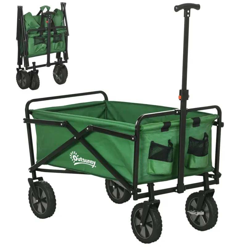 Disponibil imediat Outsunny Carucior cu rotile pliabil carucior de transport maner ajustabil incarcare 40 kg 83 x 50 x 99 cm verde inchis
