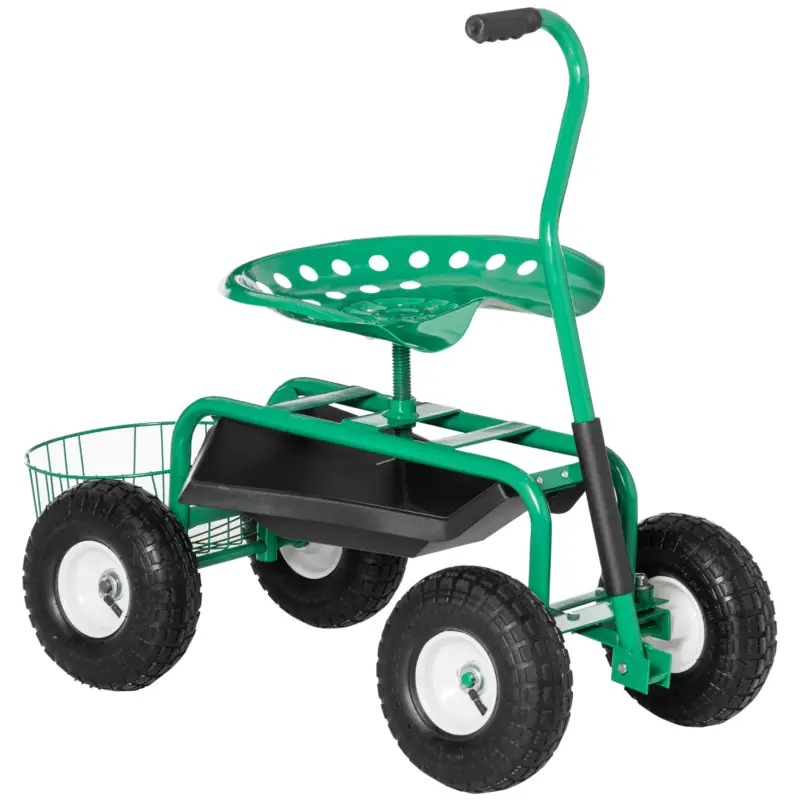 Expediere rapidă Outsunny Scaun rotativ 360 ° reglabil pe înălțime cărucior de grădină cu spațiu de depozitare Roți mâner scaun de grădină mobil rotativ scaun de lucru în grădină până la 150 kg Cadru metalic scaun de grădină pentru grădinărit Verde