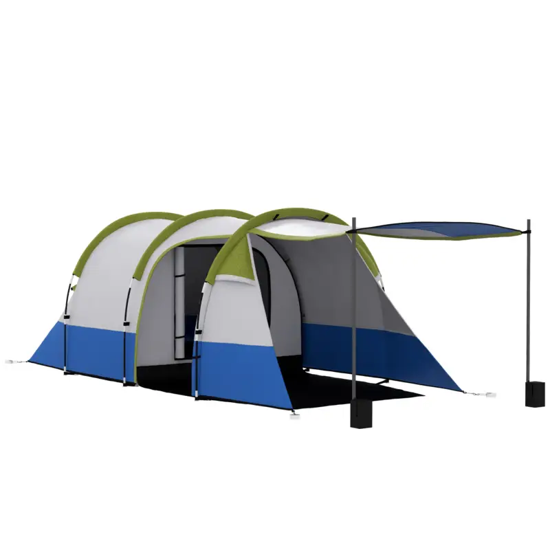 Cort de Camping Outsunny Impermeabil cu 2 Zone și 3 Intrări, din Poliester și Fibră de Sticlă, 420x200x150 cm, Verde Reducere specială