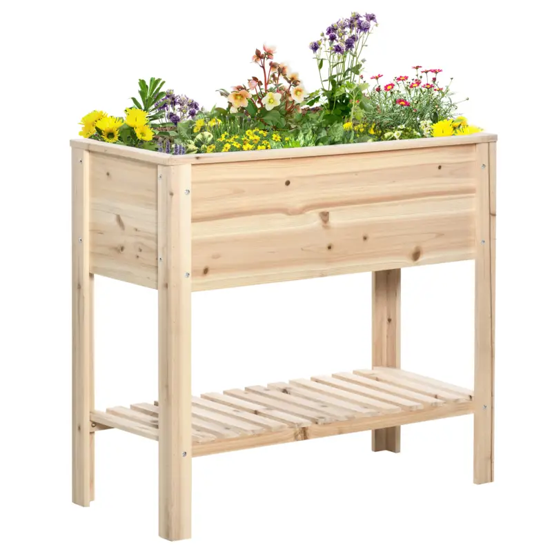 Outsunny Jardiniera sur pieds potager cu etajere din lamele 90 x 40 x 81 cm inserții de irigare, geotextil inclus lemn masiv Retur ușor