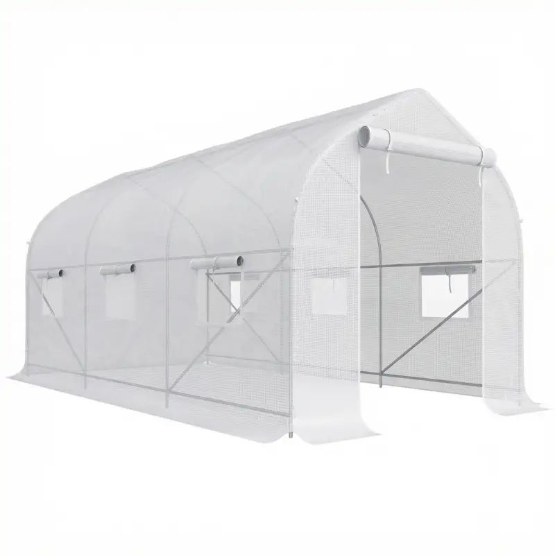 Outsunny Seră Tip Tunel Anti-UV cu 6 Ferestre cu Plasă și Intrare Rulabilă, Metal și PE, 4x2x2 m, Alb Livrare rapidă