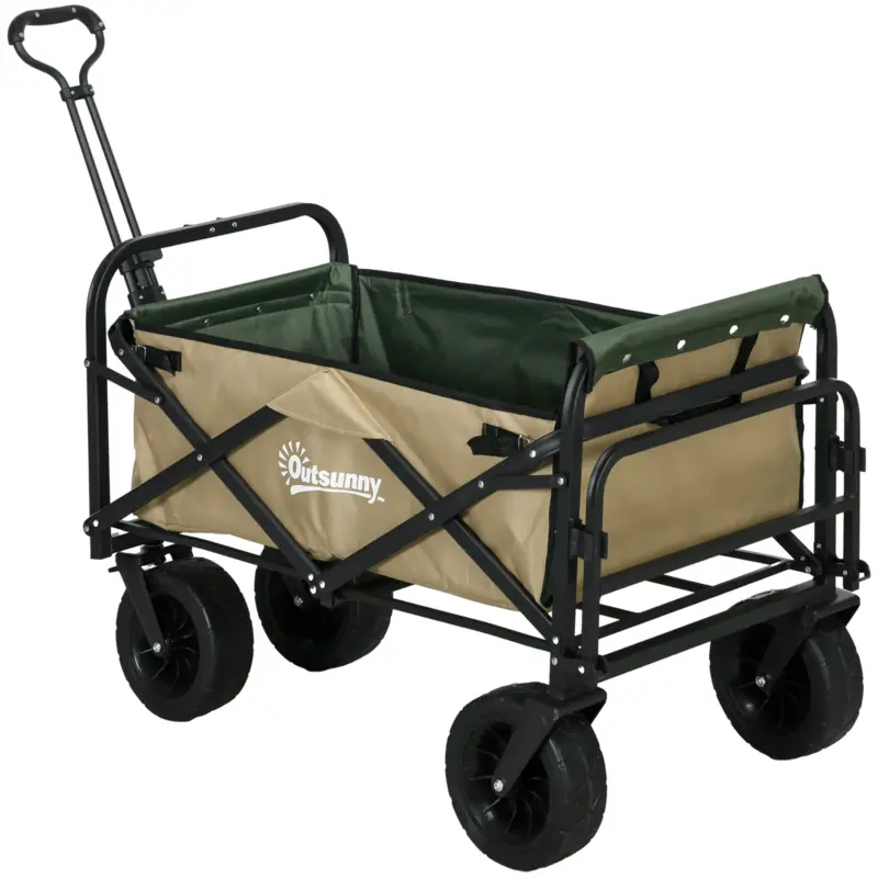 Outsunny Cărucior de grădină 110L cu mâner telescopic și bază rabatabilă din oțel și material textil Oxford, culoare kaki Retur ușor