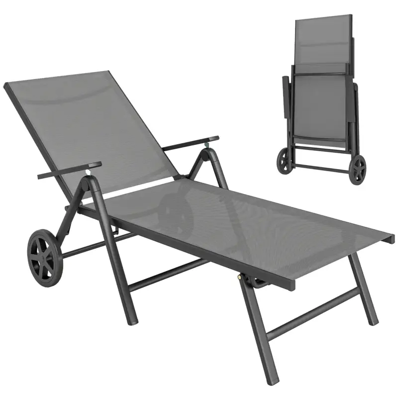 Comandă acum Outsunny Șezlong pliabil și reglabil în 5 poziții, cu roți, din metal și textilenă, 72x158x84 cm, gri