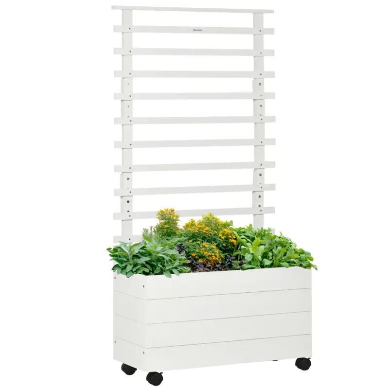 Ofertă Outsunny Jardiniera inaltata verticala cu 4 roti si suport pentru plantele cataratoare, dinlemn de brad, 76x30x155cm, alb