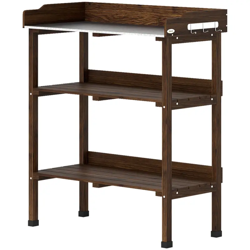 Outsunny Masă de grădină din lemn cu suprafață metalică, rafturi și cârlige pentru grădină, terasă 76x37x89 cm Carbonizat Discount