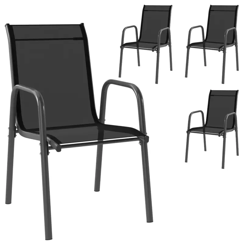 Chilipir Outsunny Set 4 Scaune Empilabile și Respirabile cu Spătar Înalt și Cotiere, din Metal și Poliester, 51L x 69P x 87Î cm, Negru