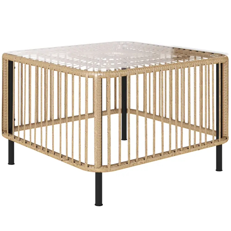 Preț mic Outsunny Masă de grădină din Polyrattan, 65 x 65 x 43 cm, masă laterală rezistentă la intemperii, pătrată, cu blat din sticlă, lemn natural
