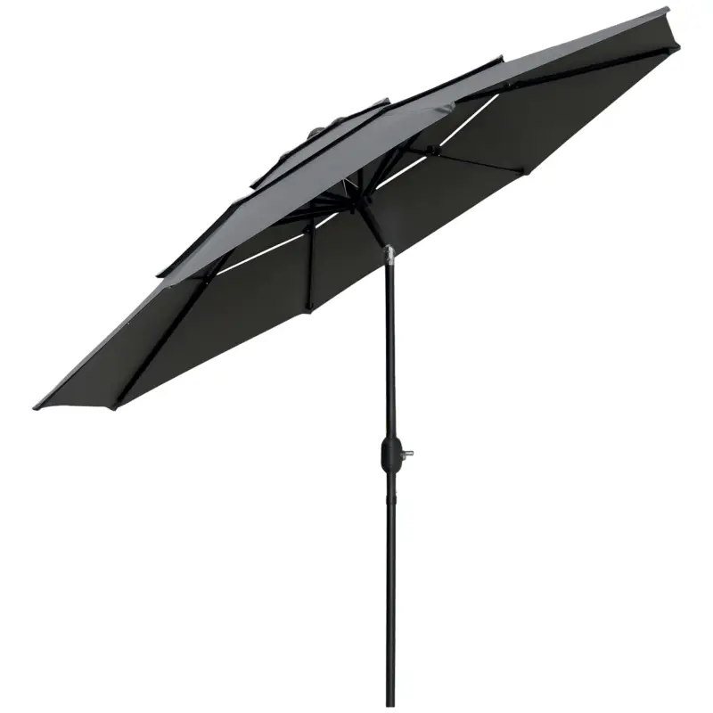 Outsunny Umbrelă de grădină exterioară umbrelă inclinabilă Ø 2,85 x 2,5 m cu manivelă, 2 deschideri, pânză 180 g/m², anti-UV, gri Plată securizată
