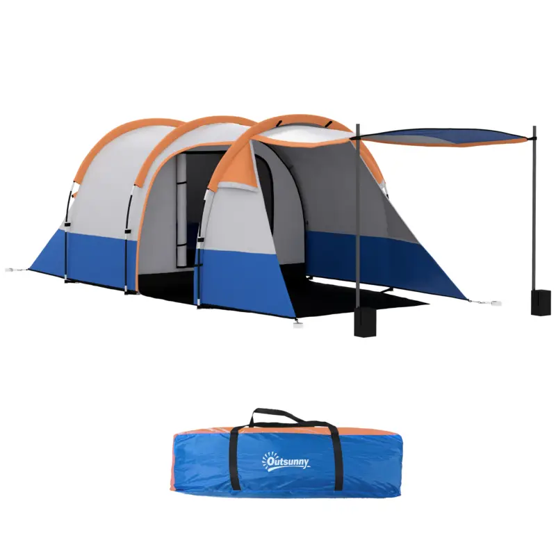 Super ofertă Outsunny Cort de Camping Impermeabil cu 2 Zone și 3 Intrări, Poliester și Fibră de Sticlă, 420x200x150 cm, Portocaliu