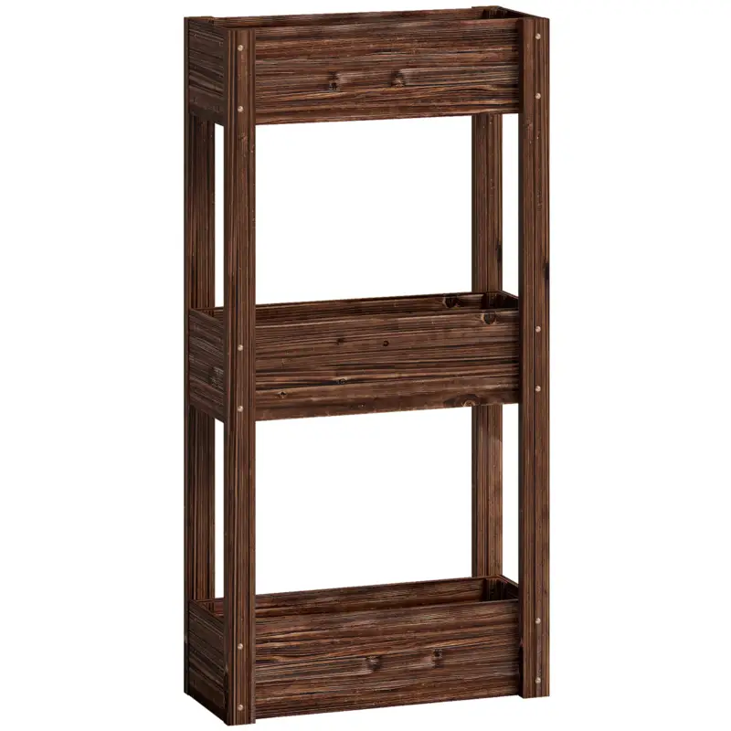 Disponibil imediat Outsunny Bac pentru plante ridicat jardinieră pe picioare 3 niveluri orificii de drenaj și căptușeală 60 x 25 x 120 cm, Maro