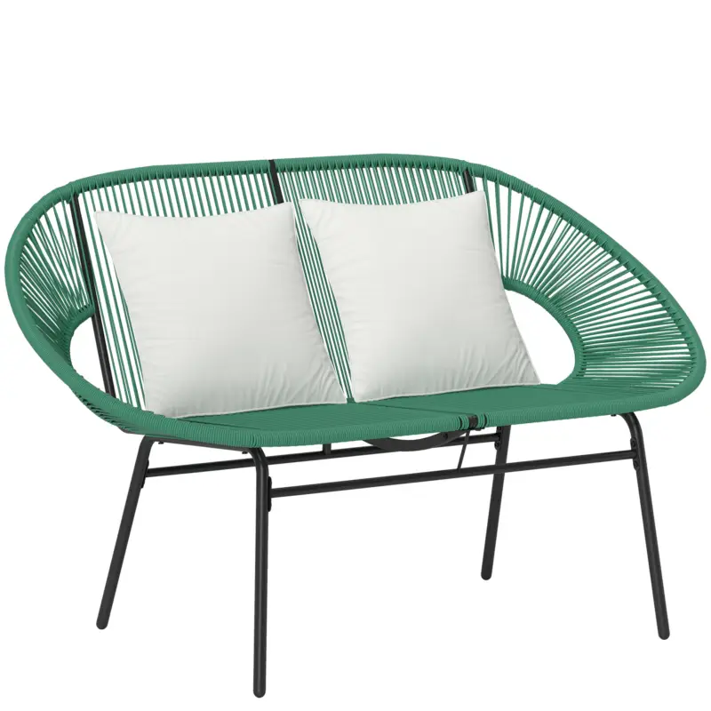 Cel mai bun preț Outsunny Canapea de Grădină cu 2 Locuri din Ratan PE și Cadru din Oțel cu Perne și Brațe, 132x72x83 cm, Verde