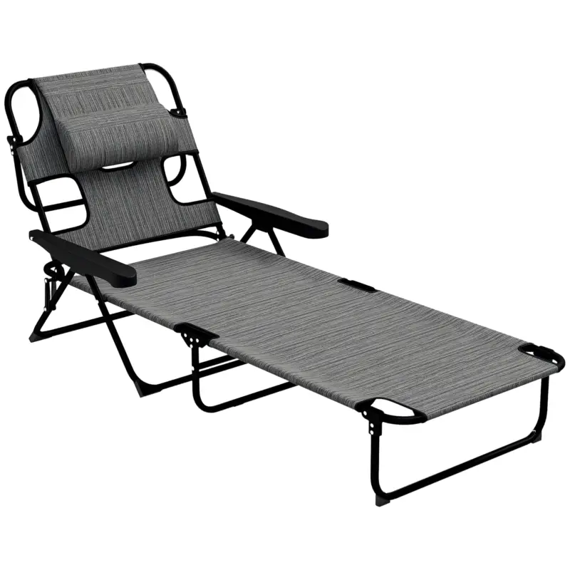 Outsunny Șezlong de grădină pliabil cu spătar reglabil în 4 poziții, și pernă suport cap 72L x 194l x 31H cm Gri Doar azi