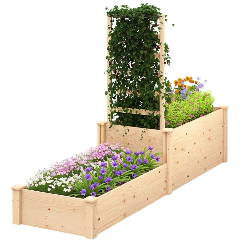 Premium Outsunny Pat Înălțat pentru Grădină cu Grilaj, Bază Deschisă și 2 Despărțitoare, 222x63x132 cm, Lemn Natural