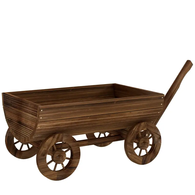 Reducere de preț Outsunny Cărucior din lemn cu 4 roți și mâner Jardinieră exterioară cu orificiu de drenaj 115x40x54,5 cm Carbonizat