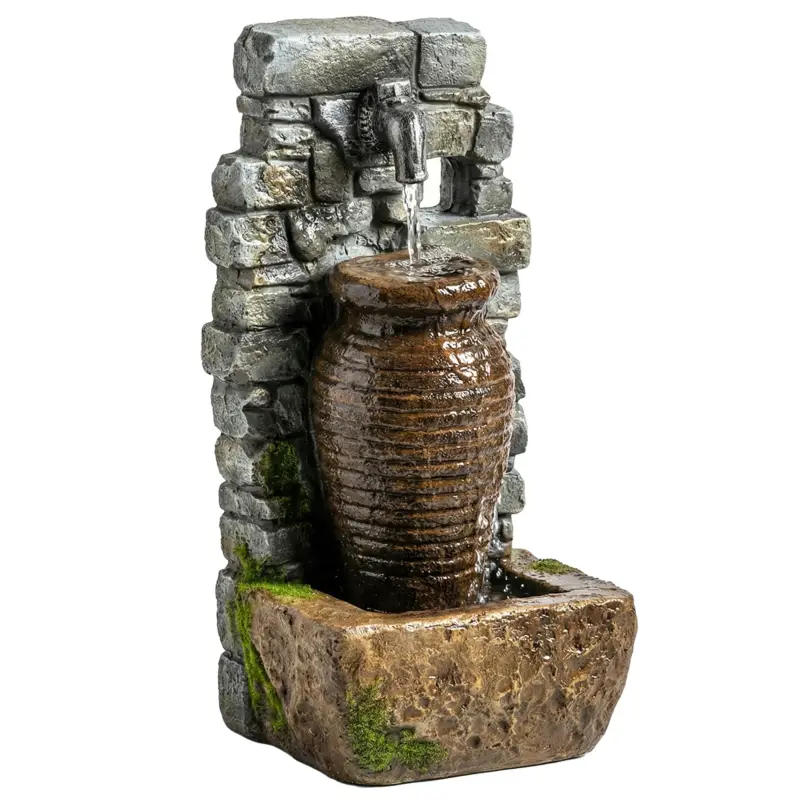 Outsunny Fântână de grădină cu debit de apă reglabil și zid de piatră rustic în 3 trepte, design ulcior Livrare gratuită