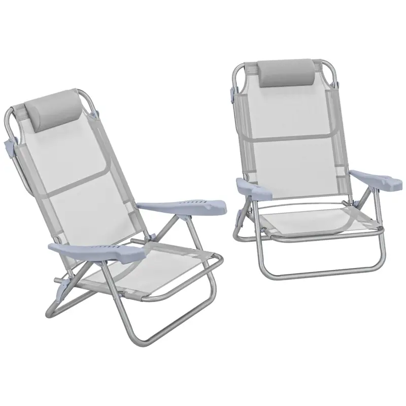 Outsunny Set 2 Scaune de Camping Pliabile cu Tetieră Căptușită și Spătar Reglabil în 6 Poziții, 62x65x80 cm, Gri Deschis Retur gratuit
