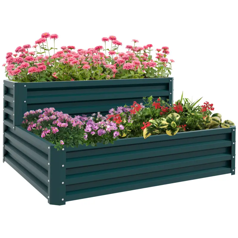 Outsunny Pat de flori înălțat fond deschis 2 etaje pentru plante aromatice legume fructe flori 120 x 101 x 58 cm verde Ofertă specială