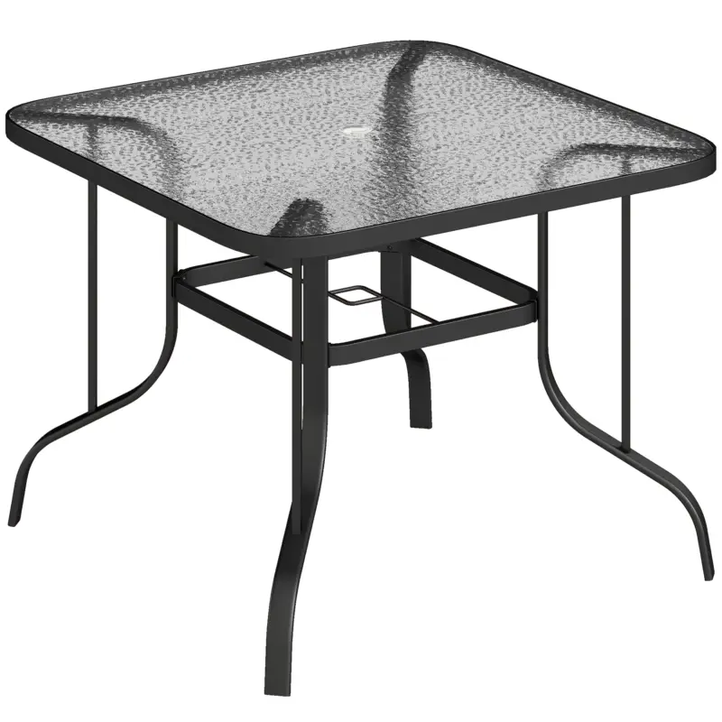Outsunny Masă de grădină pătrată pentru 4 persoane cu blat din sticlă și orificiu pentru umbrelă Ø54 mm, negru Livrare rapidă