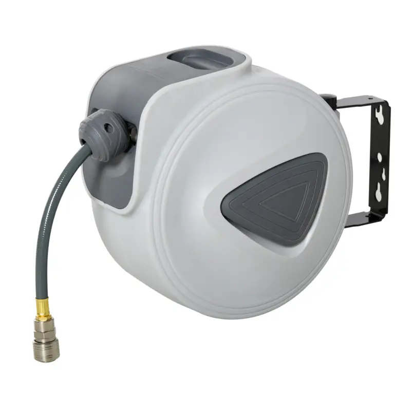 Popular HOMCOM Dispozitiv de înfășurare a furtunului de aer comprimat - furtun: 15 m + 1,4 m - Ø interior 3/8" (9,5 mm), 1/4" (6,35 mm) BSPT - dispozitiv automat pentru furtun de aer retractabil gri
