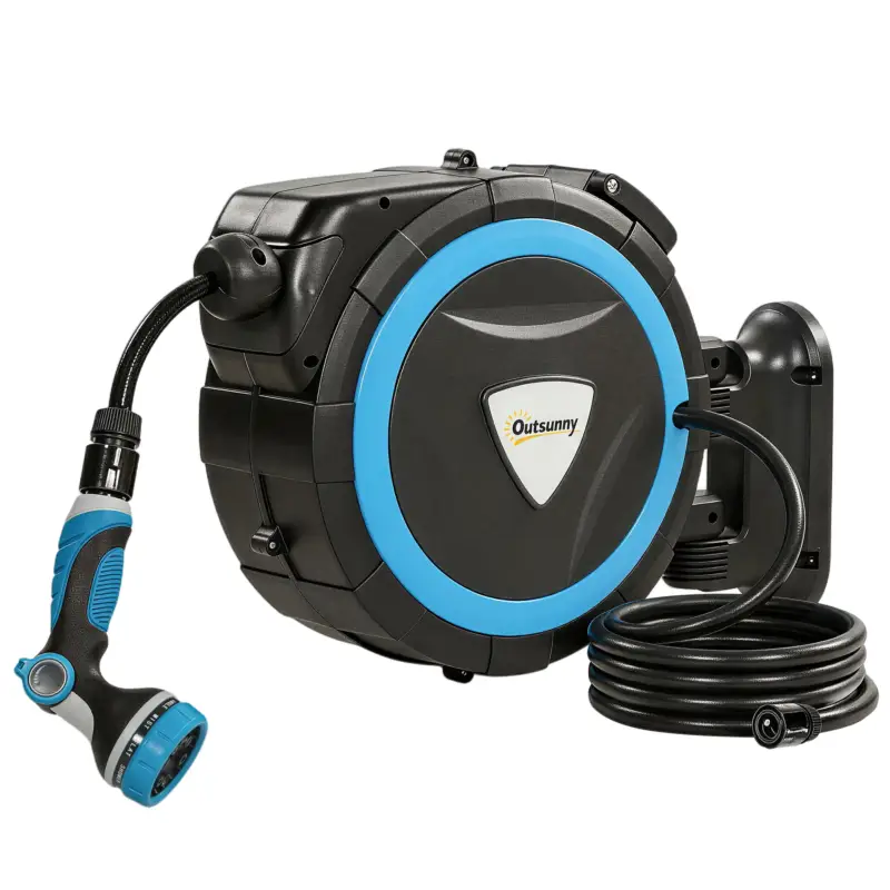 Bestseller Outsunny Derulator Furtun Udare Montat pe Perete 14+1,5 m cu Blocare și Adaptoare, Rotativ 180°, 12 Moduri, 49x15x37cm, Albastru