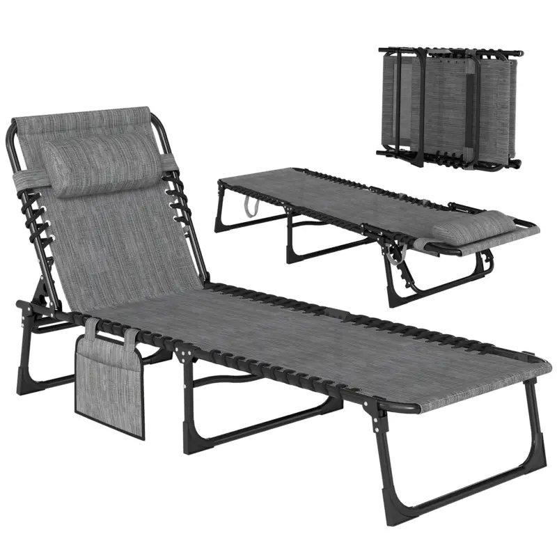 Outsunny Șezlong pliabil pentru plajă/soare, spătar înclinat 5 poziții, pernă pentru cap detașabilă, 189 x 58 x 30 cm, gri Discount
