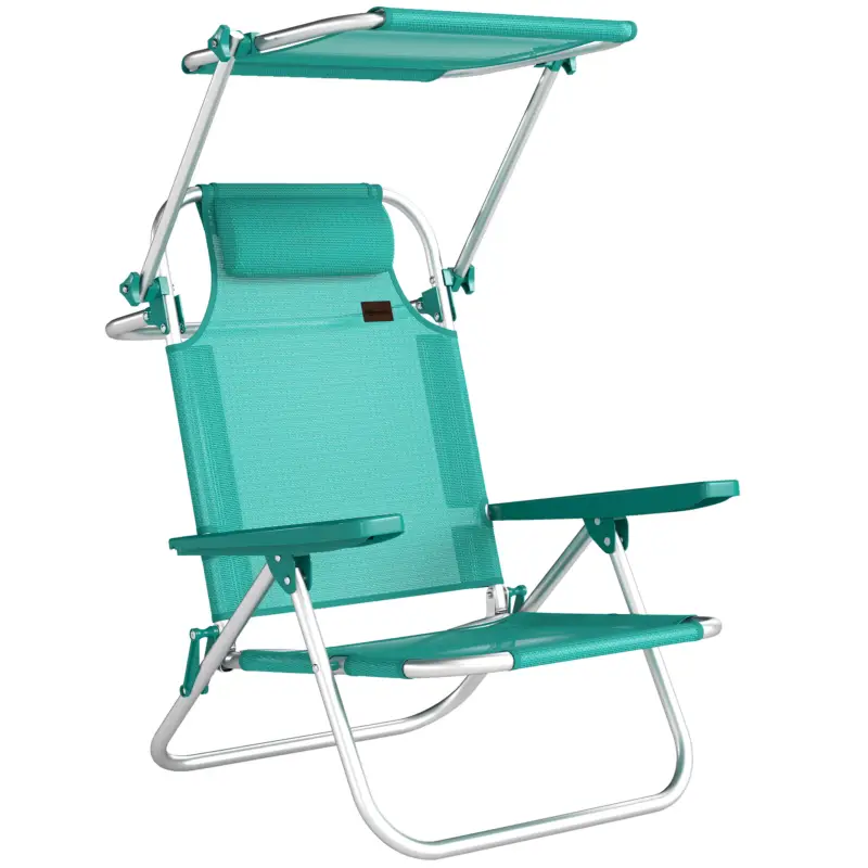 Outsunny Scaun de plajă, șezlong exterior pliabil în 6 poziții, copertină ajustabilă și tetieră, 62x68x79cm, turcoaz Reducere extra