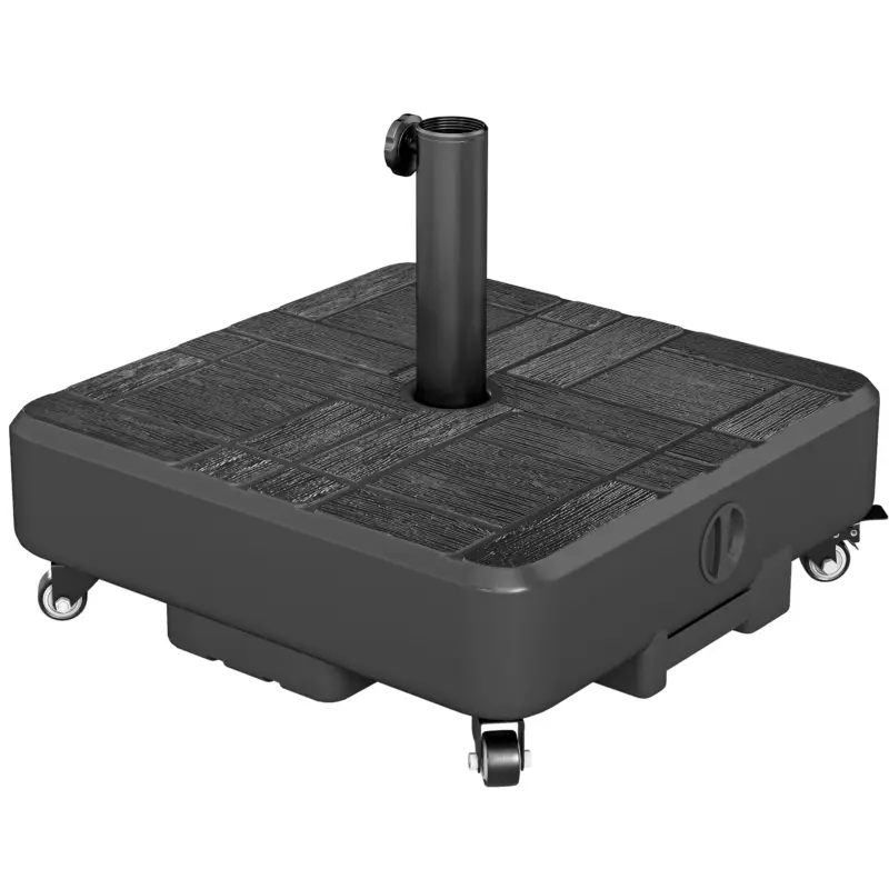 Retur ușor Outsunny Bază pătrată pentru umbrelă, suport umbrelă exterior cu roți Umplibil 35 kg Nisip sau 28 L Apă, 48 x 48 x 38,5 cm, Negru