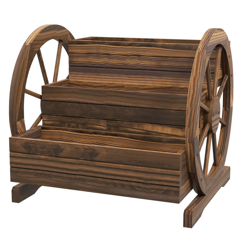 Ieftin Outsunny Jardinieră de Exterior cu 3 Niveluri, cu Roți Decorative din Lemn de Brad Carbonizat, 62x61x57 cm