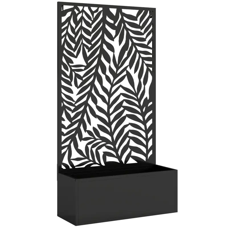 Ofertă Outsunny Jardinieră cu protecție vizuală jardinieră cu spalier motive cu frunze tropicale 61 x 23 x 113 cm Negru