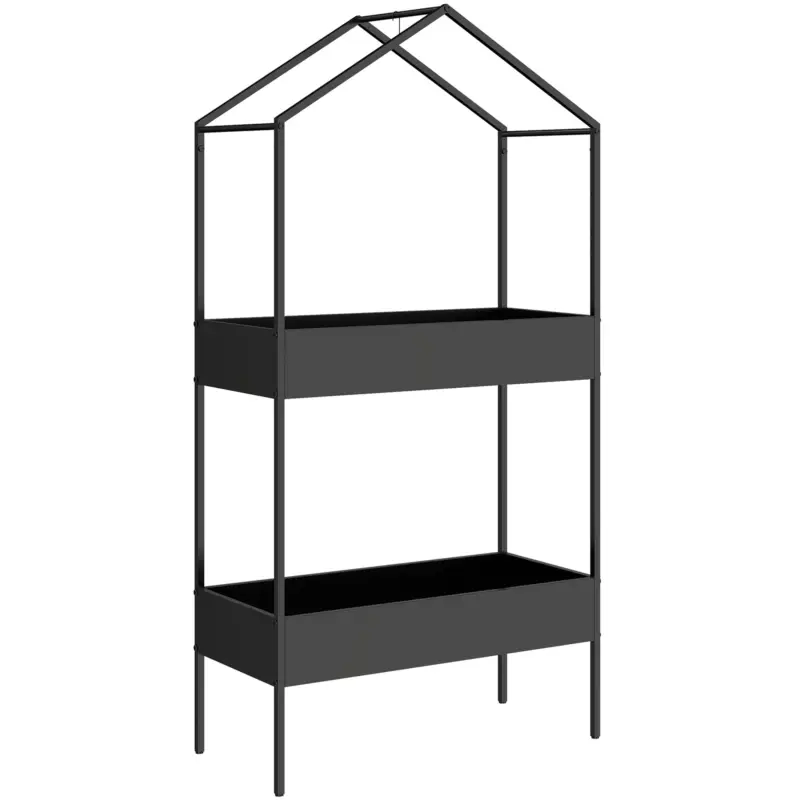 Outsunny Suport plante 2 niveluri în formă de casă, înalt 150 cm, suport flori cu cârlig, metal, Negru Doar azi