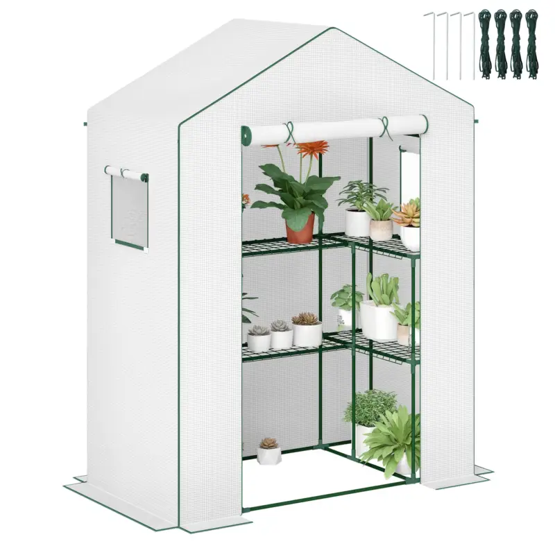 Transport gratuit Outsunny Seră de grădină cu 1 ușă, 2 ferestre și 2 rafturi în formă de U pentru legume, plante, flori, copertină PE 140x73x190 cm