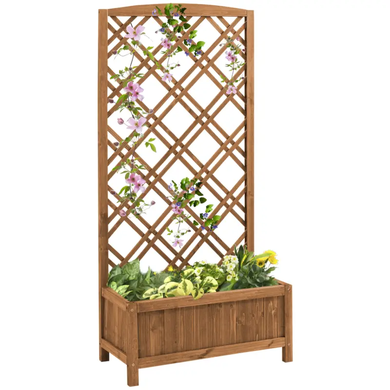 Nu rata Outsunny jardinieră înălțată suport flori grădină cu grilaj din lemn galben 60 x 30 x 122,5 cm