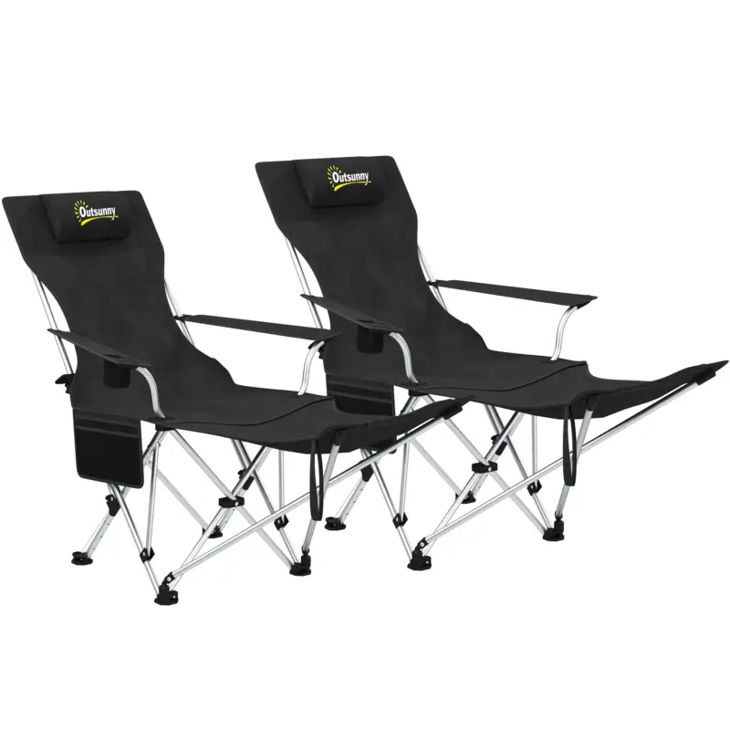 Livrare gratuită Outsunny Set 2 Scaune de Camping Pliabile cu Suport pentru Picioare Detașabil și Suport pentru pahare, 82x50/100x88 cm, Negru