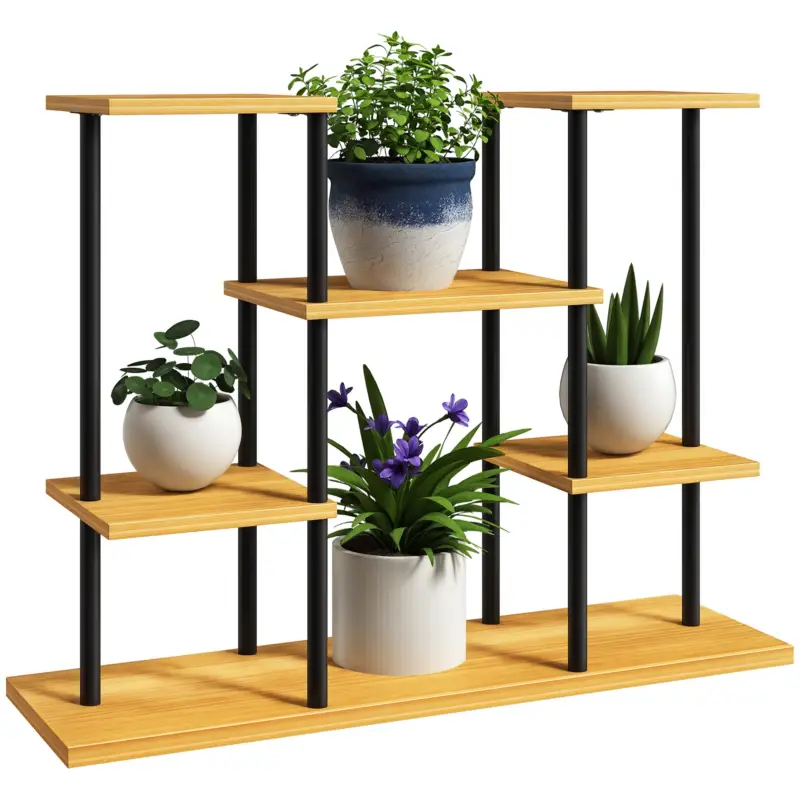 Outsunny Suport plante interior etajeră plantă cu 6 nivele cadru din oțel bază lemn masiv 80 x 24 x 61,5 cm lemn natural Reducere specială