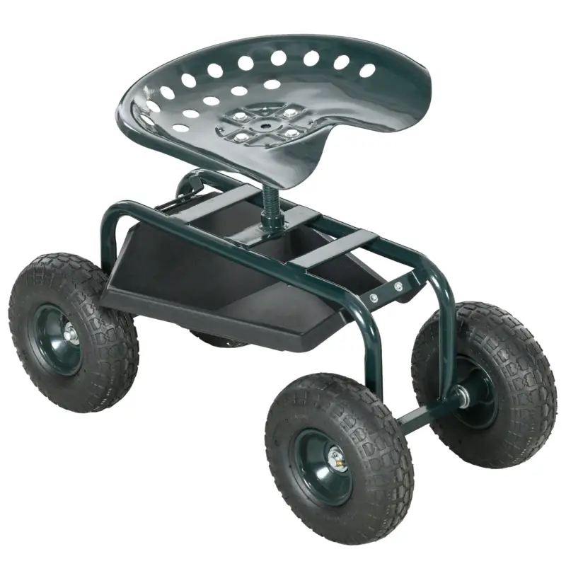 Outsunny Cărucior de grădină cu scaun reglabil și tavă inferioară, din oțel și PP, 83x36.5x45-60 cm, verde închis Cel mai vândut