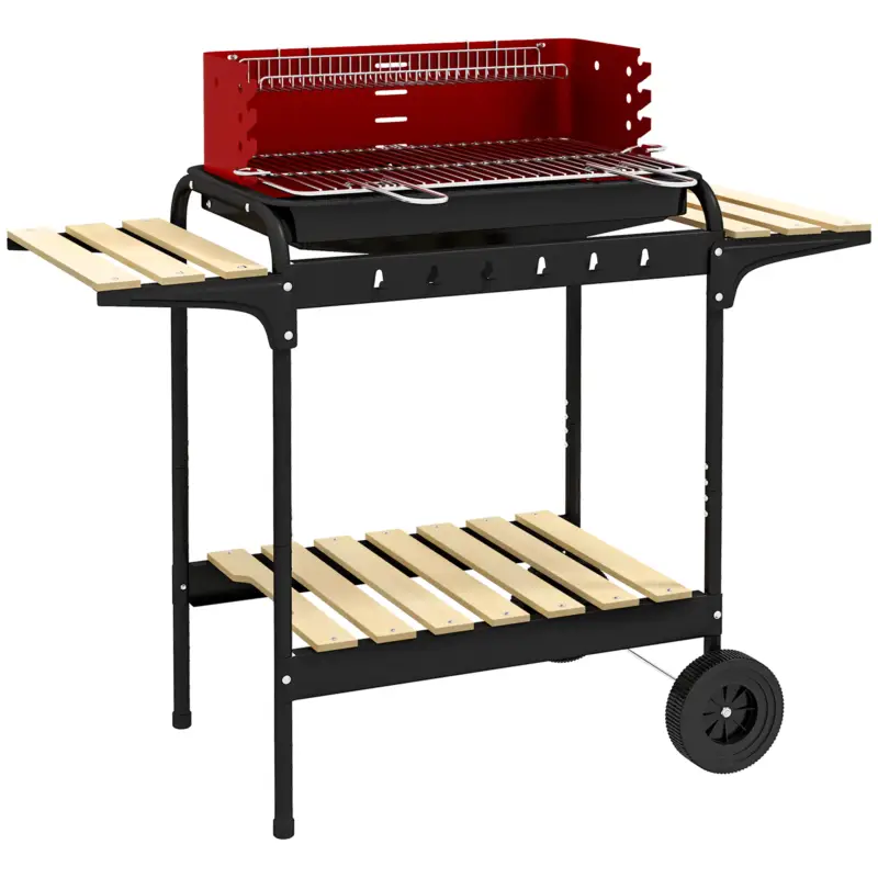 Discount Outsunny Grătar cu cărbune cu grilaj reglabil și 3 rafturi din metal și lemn, 103x47x95 cm, roșu