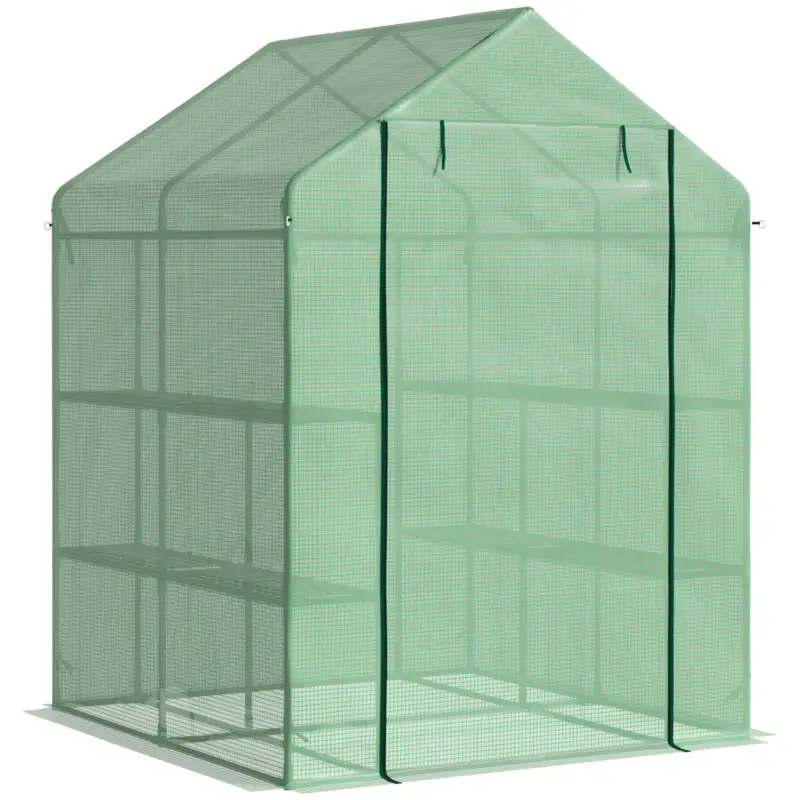 Ofertă limitată Outsunny Sera de gradina cu rafturi, protectie din PE si usa care se ruleaza, 143L x 138l x 190H cm, verde