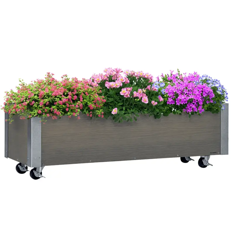Reducere specială Outsunny Strat Înălțat de Grădină cu Roți, Frână și Strat din Nețesut cu Orificii de Drenaj, 96x30.6x30 cm, Gri Deschis